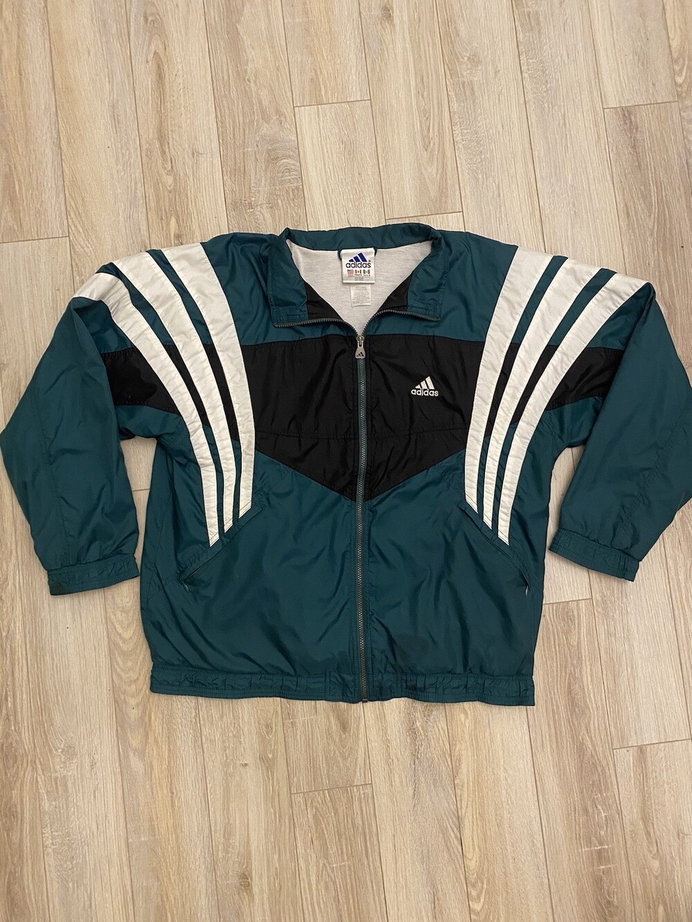 Adidas Jacket Mens Extra Large Green White Full Zip Windbreaker Retro 90s Style